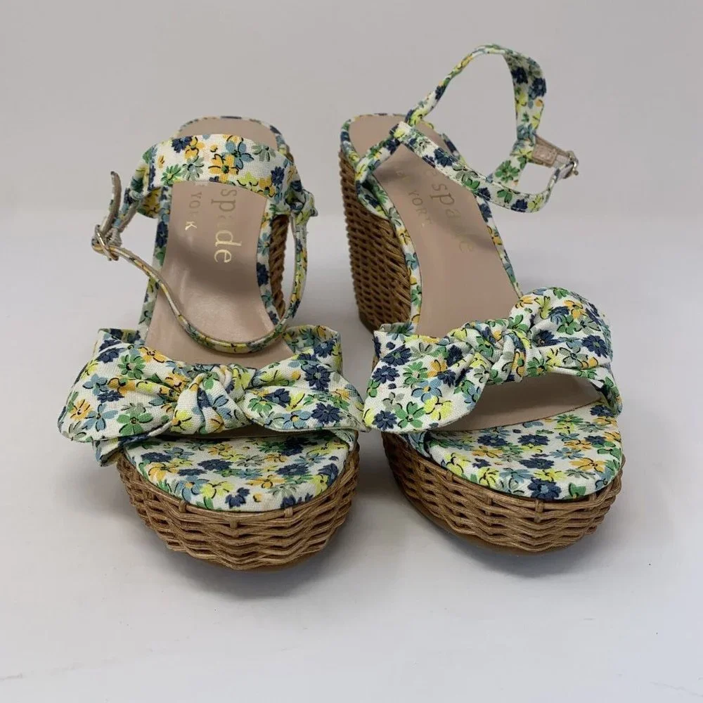 Kate Spade Patio Platform Wedge Sandals Women's 9.5 Floral Medley Parchment 0508
